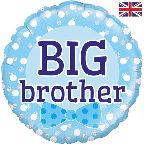 A round foil balloon with a scalloped edge, featuring the words 'BIG brother' in dark blue text on a light blue background. The balloon is decorated with white polka dots, small silver glitter hearts, and a blue polka-dot bow tie graphic at the bottom.