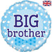 A round foil balloon with a scalloped edge, featuring the words 'BIG brother' in dark blue text on a light blue background. The balloon is decorated with white polka dots, small silver glitter hearts, and a blue polka-dot bow tie graphic at the bottom.