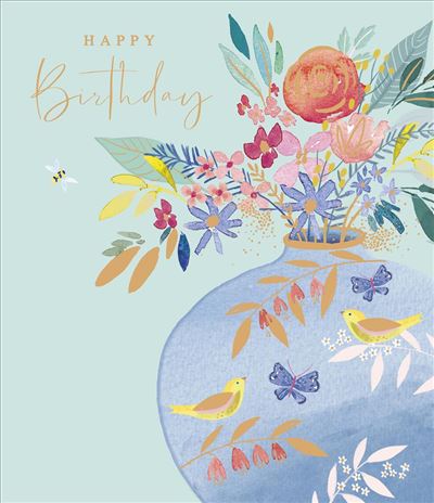 Birthday card with floral design, vase, flowers, and text on a light blue background