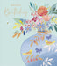 Birthday card with floral design, vase, flowers, and text on a light blue background