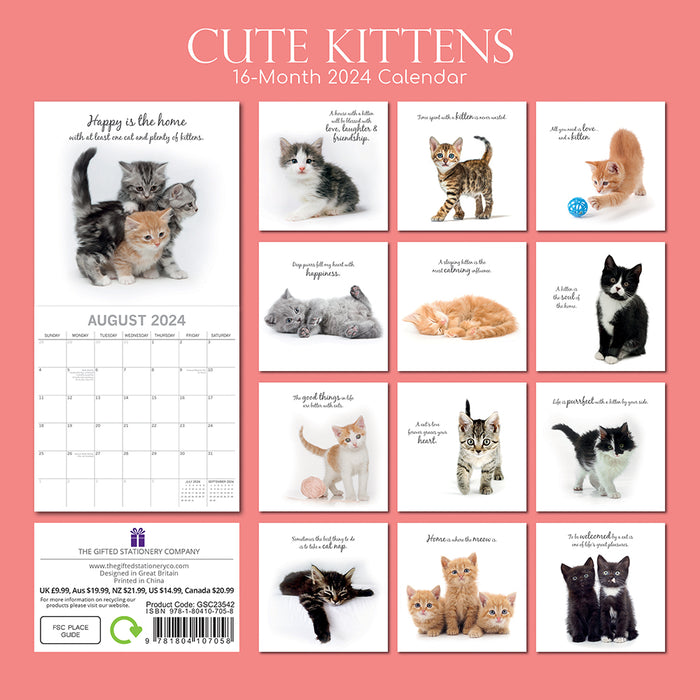 The Gifted Stationary Company 2024 Square Wall Calendar - Cute Kittens