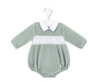 A baby footed one-piece jumpsuit in sage green with a white collar and a white horizontal band across the chest featuring three embroidered bear faces, shown hanging on a white hanger against a white background.