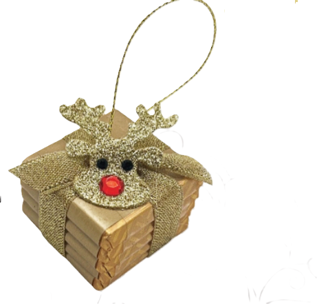 A Christmas ornament shaped like a wrapped gift box with a glittery gold reindeer face, black eyes, a red nose, and a gold hanging loop on a white background.