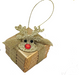A Christmas ornament shaped like a wrapped gift box with a glittery gold reindeer face, black eyes, a red nose, and a gold hanging loop on a white background.