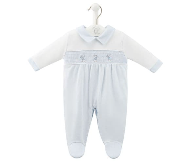 Dandelion Rabbit & Star Smocked Blue/White Sleepsuit