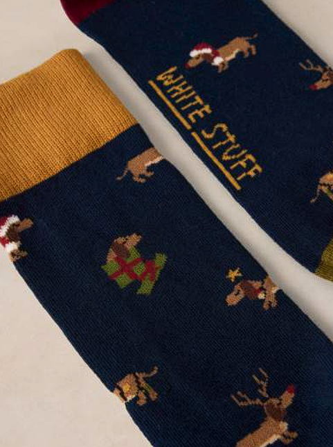 White Stuff Men's Christmas Dog Sock In A Cracker In Blue Multi