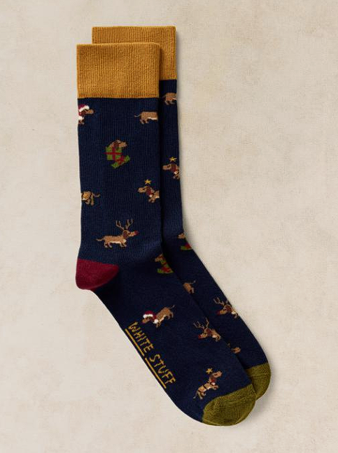 White Stuff Men's Christmas Dog Sock In A Cracker In Blue Multi