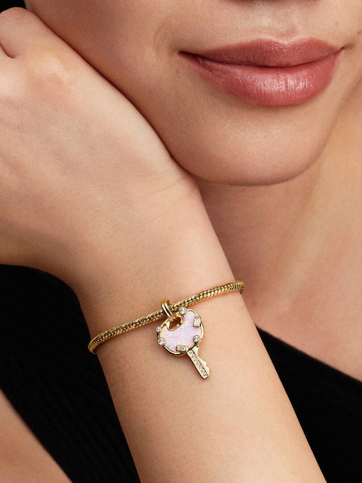 Pandora Opalescent Pink Love Key Large Dangle Charm 14k Gold Plating