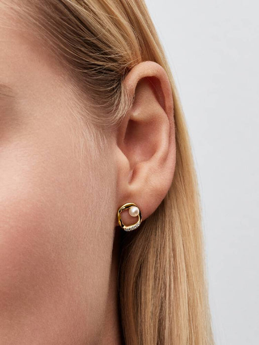 Pandora Organically Shaped Pavé Circle & Treated Freshwater Cultured Pearl Stud Earrings 14k Gold Plating