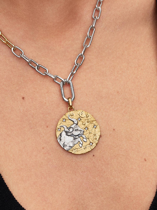 Pandora Taurus Zodiac Oversized Medallion Charm Sterling Silver And 14k Gold Plating