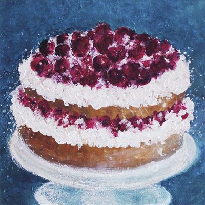 Painting of a cake with white frosting and red berries on a blue background