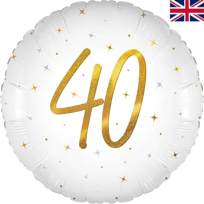 Balloon Age 40 White Elegant Sparkle Holographic Foil Balloon 18"