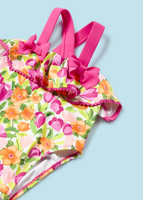 Mayoral Girls Floral Print Cross Strap Swimsuit Magenta Pink