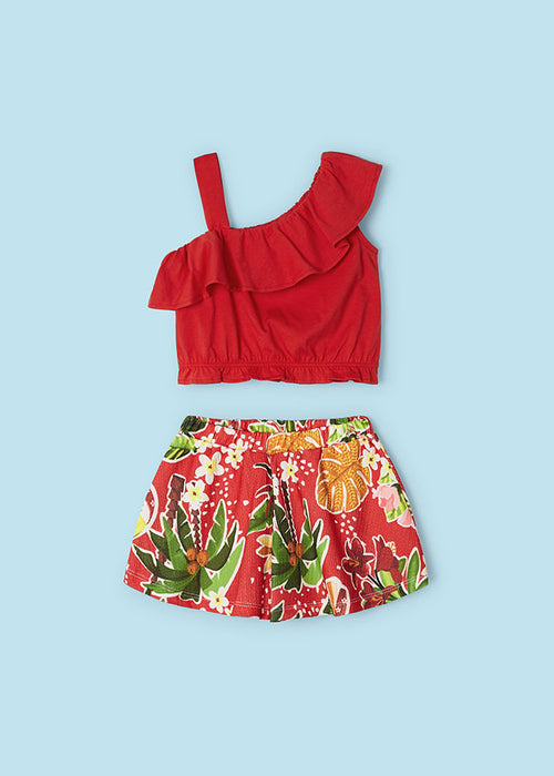 Mayoral Girls Asymmetric Top & Crepe Shorts 2 Piece Set Grenadine Red