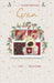 A Christmas greeting card design with the text 'For an Extra-Special Gran with love at Christmas.' The center shows a knitted dog character sitting in front of a window decorated with holly, pine branches, red berries, and a small Christmas tree.