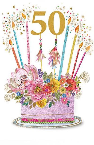 A colorful birthday cake illustration with large gold '50' candles, floral decorations, and sparkler details on a white background.