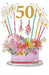 A colorful birthday cake illustration with large gold '50' candles, floral decorations, and sparkler details on a white background.
