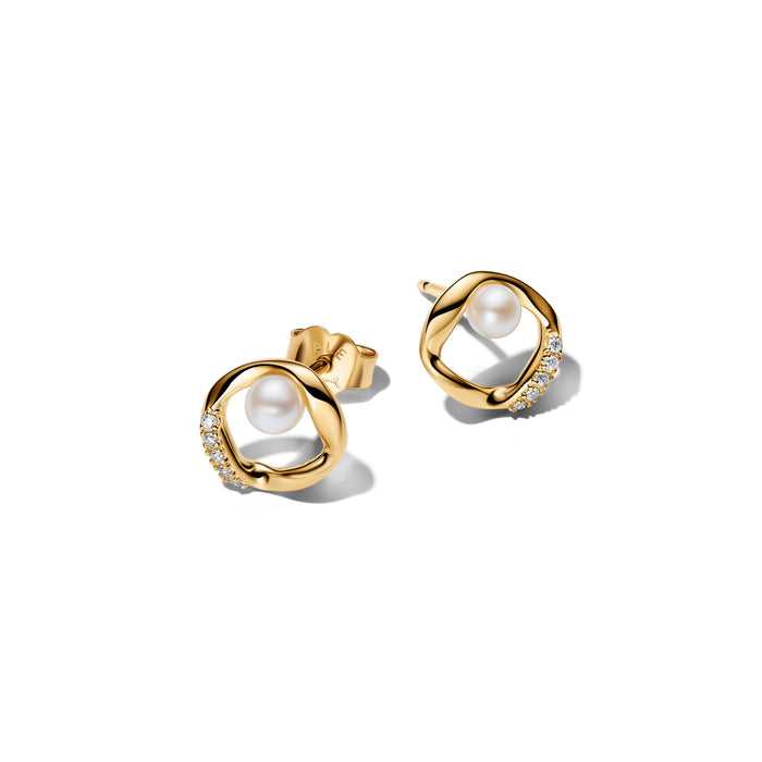 Pandora Organically Shaped Pavé Circle & Treated Freshwater Cultured Pearl Stud Earrings 14k Gold Plating