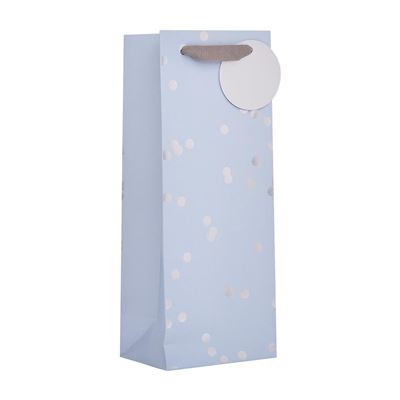 A light blue gift bag with scattered silver foil dots and a silver handle, shown on a plain white background.