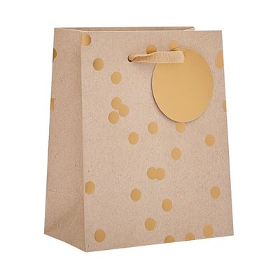 A kraft paper gift bag with scattered gold polka dots and a large blank gold oval tag on the front, featuring a matching gold ribbon handle, shown on a plain white background.