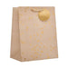 A brown kraft paper gift bag decorated with scattered gold confetti dots and a gold circular handle, shown on a plain white background.