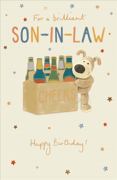 A birthday card for a son-in-law featuring a cartoon dog character next to a beer carrier labeled 'CHEERS' with colorful bottles, on a cream background with star and script text reading 'For a brilliant SON-IN-LAW Happy Birthday!'.
