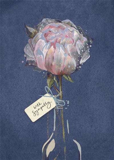 Watercolor-style artwork of a single pale pink peony flower in a clear glass vase against a dark blue background, with a small hanging tag that reads 'with sympathy'.