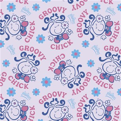 A repeating pattern featuring cartoon faces with curly hair, pink bows, blue flowers, and the words 'GROOVY CHICK' on a pale lavender background.