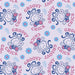 A repeating pattern featuring cartoon faces with curly hair, pink bows, blue flowers, and the words 'GROOVY CHICK' on a pale lavender background.