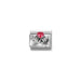 A silver-toned rectangular charm featuring two sculpted hands holding a small red heart-shaped gemstone, centered on a plain white background.