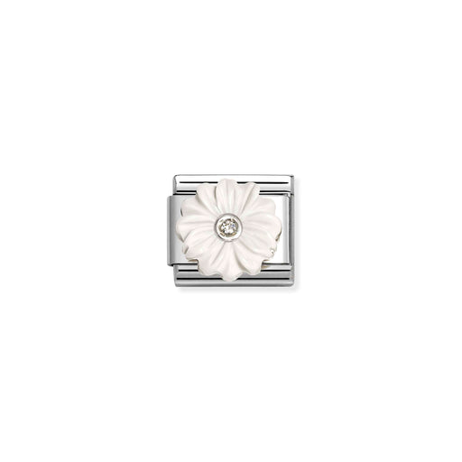 A silver-toned rectangular charm link featuring a white daisy flower with a small clear crystal in the center, set against a plain white background.