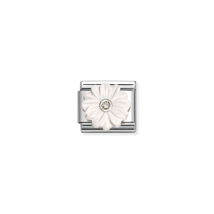 A silver-toned rectangular charm link featuring a white daisy flower with a small clear crystal in the center, set against a plain white background.