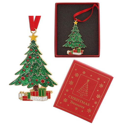 A Christmas tree ornament shown alongside its red gift box and a red branded insert card. The ornament is green with gold trim, red ornaments, a gold star, and small wrapped presents beneath it.