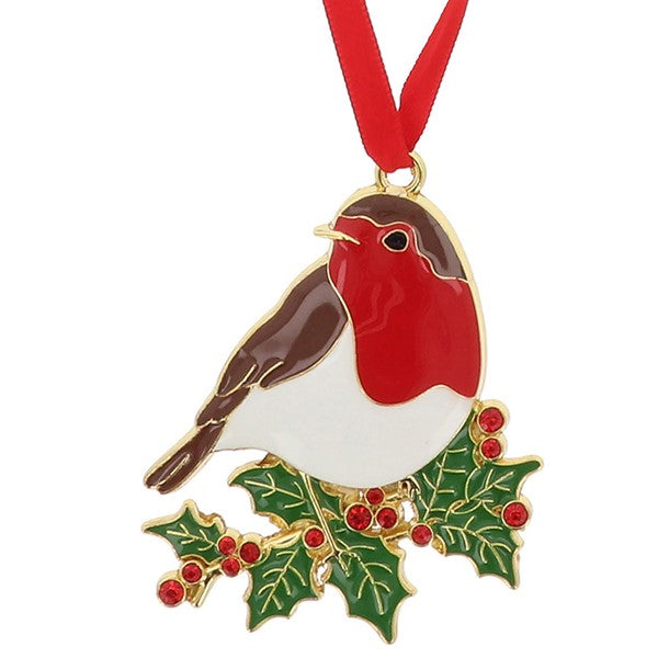Xmas Treasures Robin On Holly Tree Ornament
