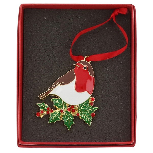 Xmas Treasures Robin On Holly Tree Ornament