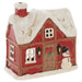 Decorative miniature house with snow on the roof and a small snowman in front, on a white background.