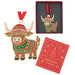 A Highland cow Christmas ornament with a red and green knit sweater and hat, shown alongside its red gift box and a red card labeled Christmas Treasures, on a white background.