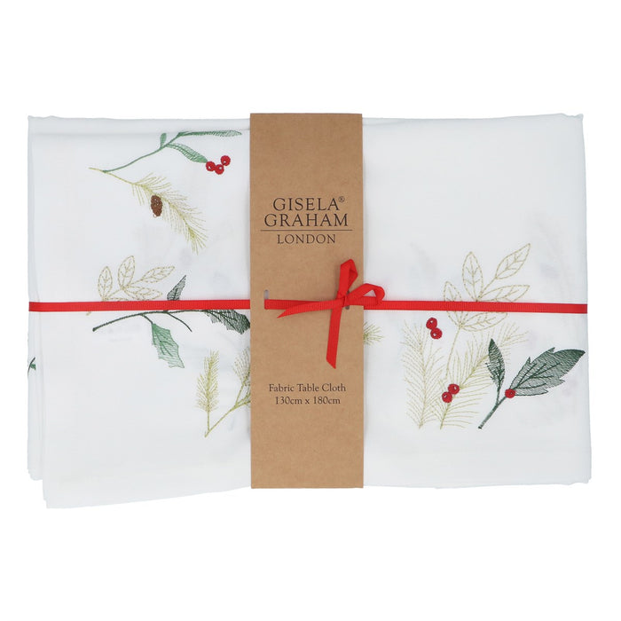 Gisela Graham Embroidered Sprigs Christmas Fabric Rectangular Tablecloth