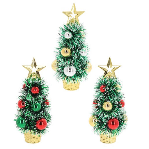 Three small artificial Christmas trees in gold-colored planters, decorated with green, red, and silver ornaments and topped with gold star trees, shown on a plain white background.