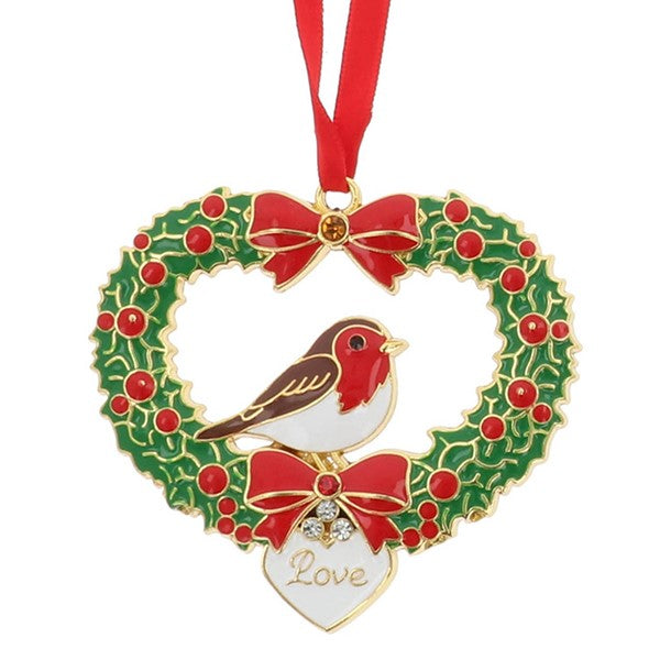Xmas Treasures Robin On Wreath Tree Ornament