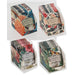 Four display stands holding small packets of botanical tea, each packet featuring a different floral and butterfly illustration. The stands are arranged on a white background.