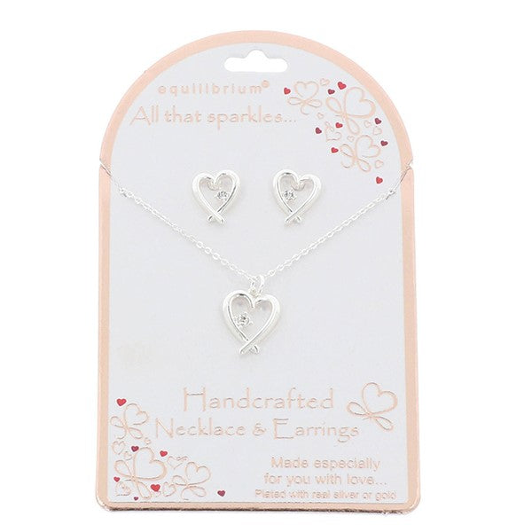 Equilibrium All That Sparkles Silver Plated Necklace & Earrings Crossover Heart