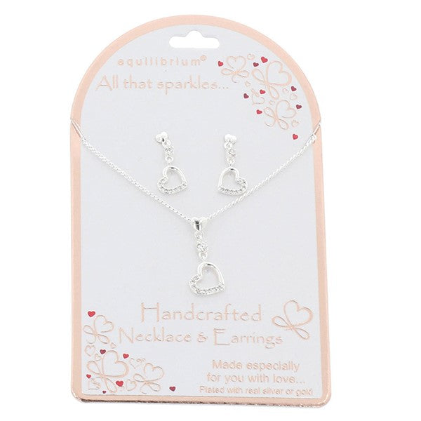 Equilibrium All That Sparkles Silver Plated Necklace & Earrings Hanging Hearts