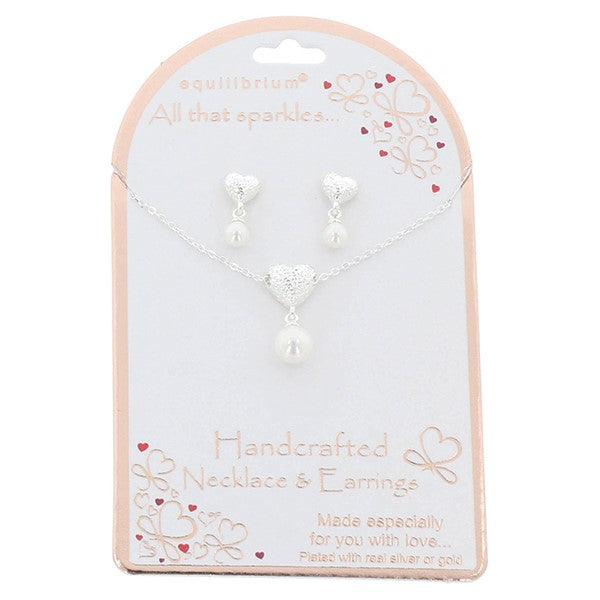 Equilibrium All That Sparkles Silver Plated Necklace & Earrings Heart Pearl