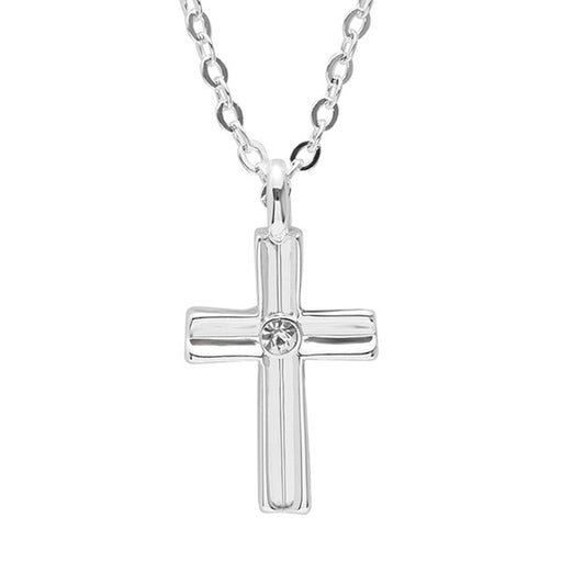 A polished silver cross pendant necklace with a small clear gemstone at the center, suspended from a matching silver link chain against a plain white background.