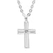 A polished silver cross pendant necklace with a small clear gemstone at the center, suspended from a matching silver link chain against a plain white background.