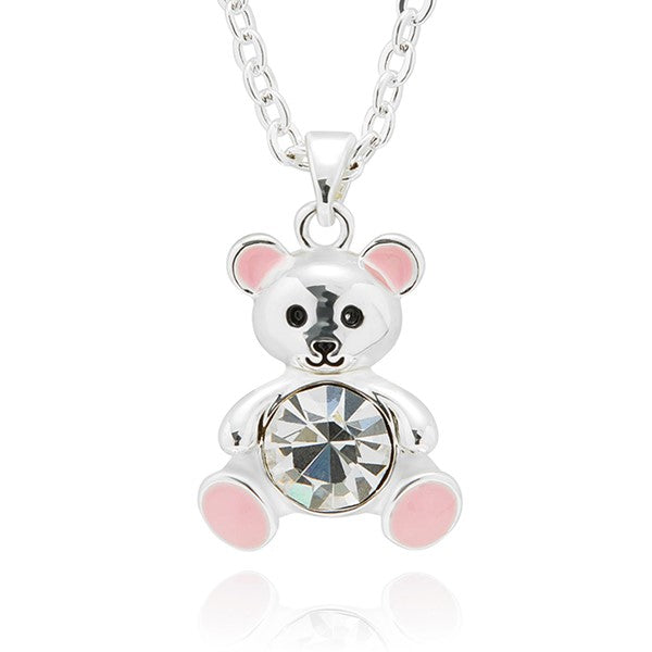 Girls Pink Sparkle Ted Silver Plated Necklace