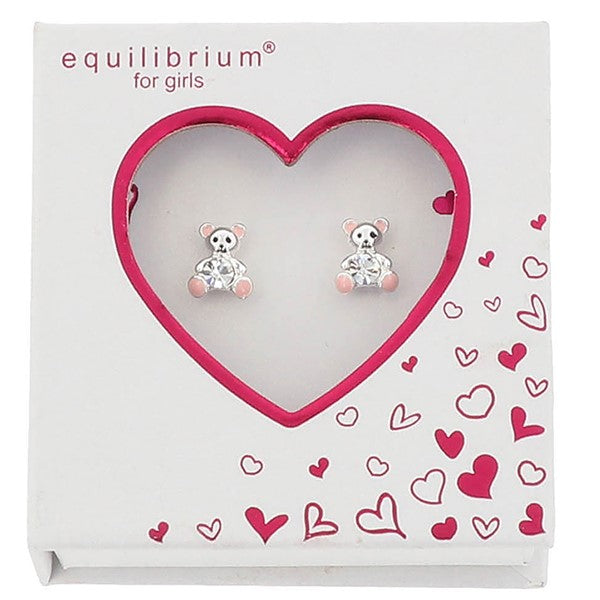 Girls Pink Sparkle Ted Silver Plated Earrings