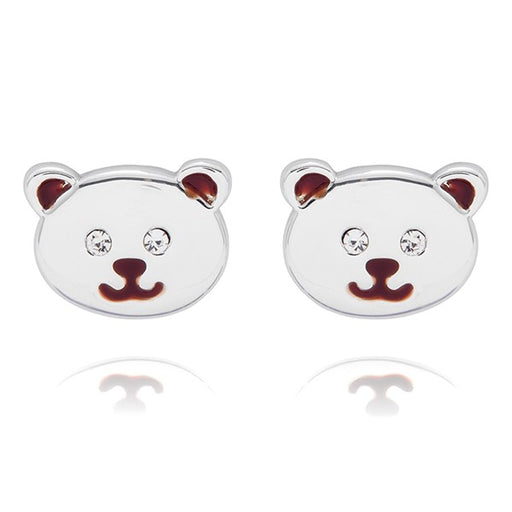 A pair of silver stud earrings shaped like a bear face, featuring dark red enamel details for the inner ears, nose, and mouth, with clear rhinestones for the eyes, on a white background with a soft reflection.