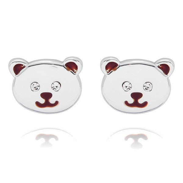 A pair of silver stud earrings shaped like a bear face, featuring dark red enamel details for the inner ears, nose, and mouth, with clear rhinestones for the eyes, on a white background with a soft reflection.